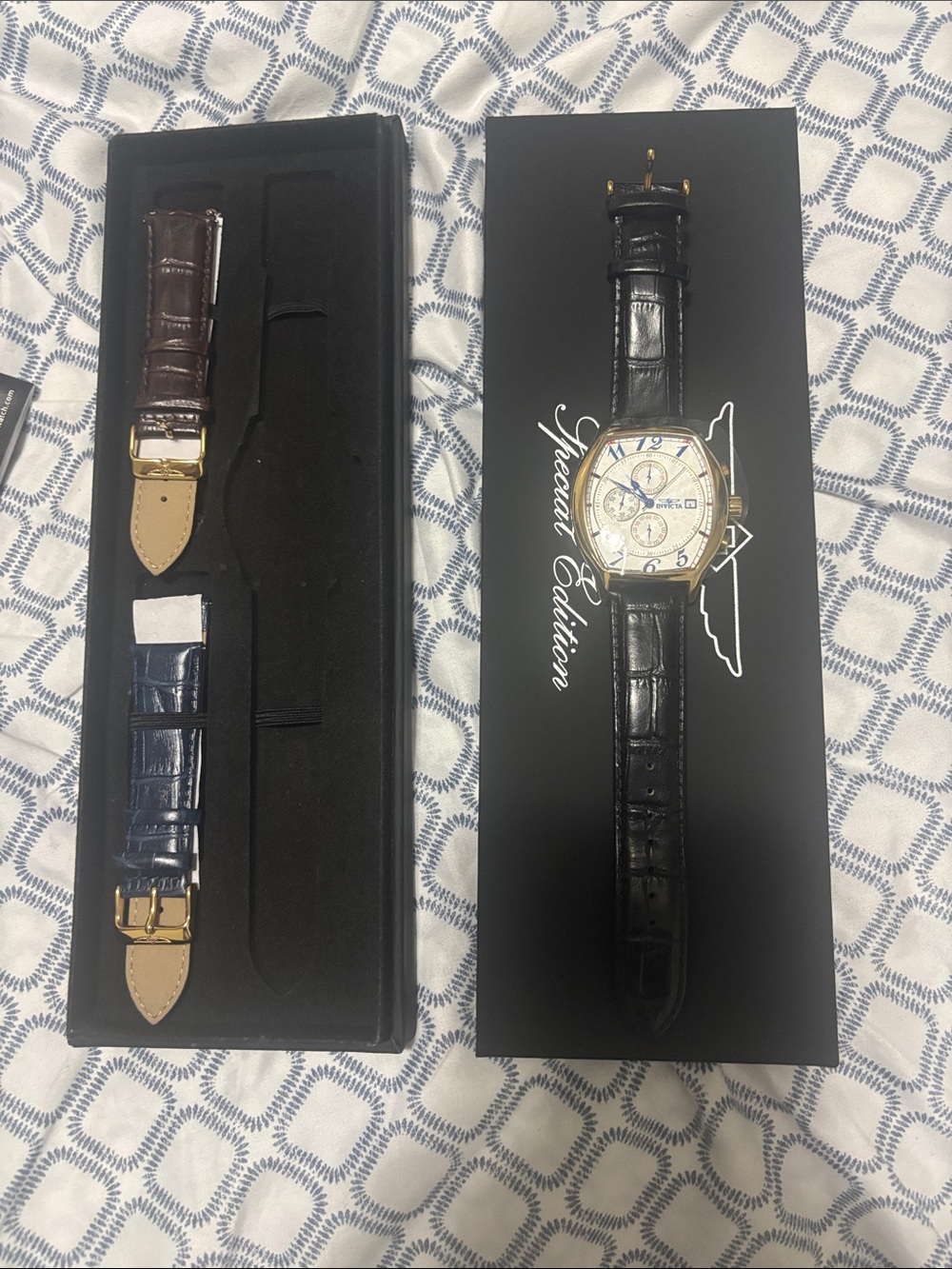Invicta Gold Tone Chronograph Watch with Black, Brown and Blue Straps
